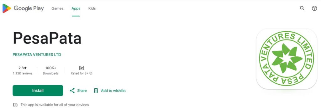 Desktop screenshot of the Pesa Pata App in Play Store